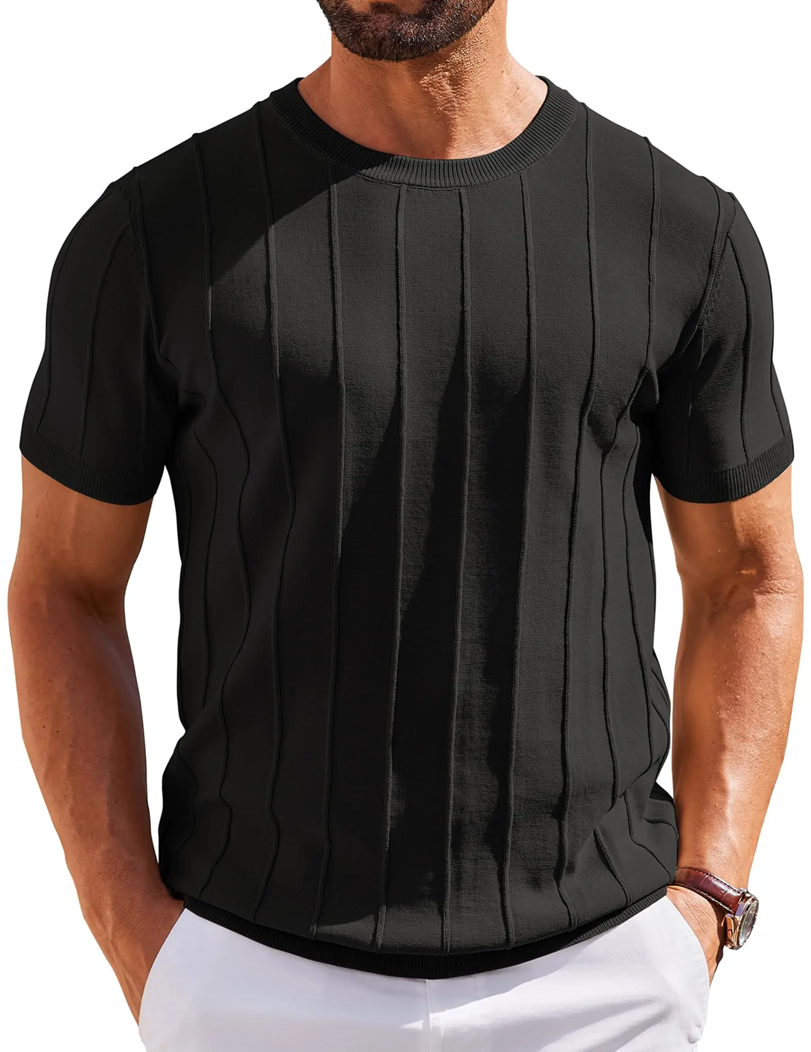 Men’s Ribbed Knit Crewneck T-Shirt – Short Sleeve Casual Sweater Tee