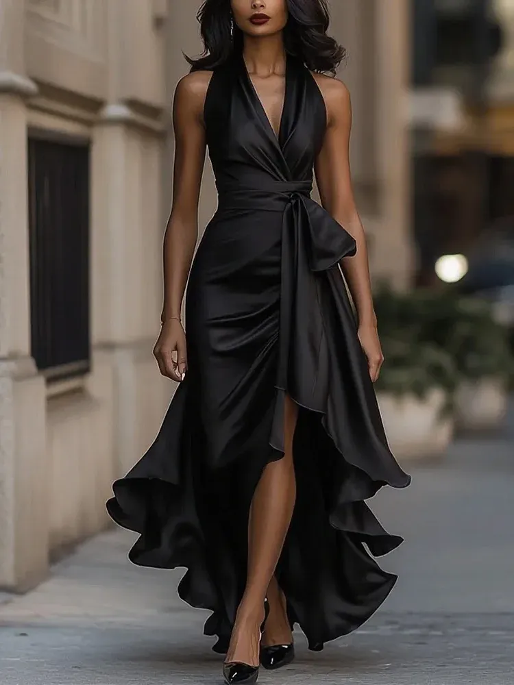 Elegant Satin Halter Ruffle Dress – Irregular Hem Midi Maxi Party Dress