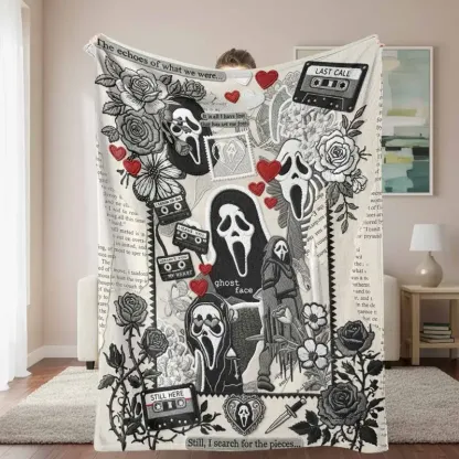 Ghost Face Rose Throw Blanket – Gothic Horror Floral Soft Fleece Tapestry Decor