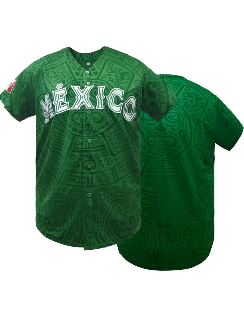 Mexico Aztec Calendar Men's Baseball Jersey - Patriotic V-Neck Short Sleeve Button Down Shirt Heritage Sports Streetwear