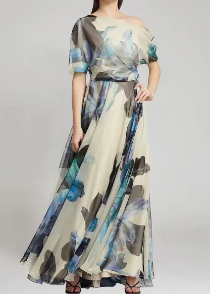 French Sky Blue Asymmetrical Print Chiffon Maxi Dress – Elegant Off-Shoulder Summer Dress