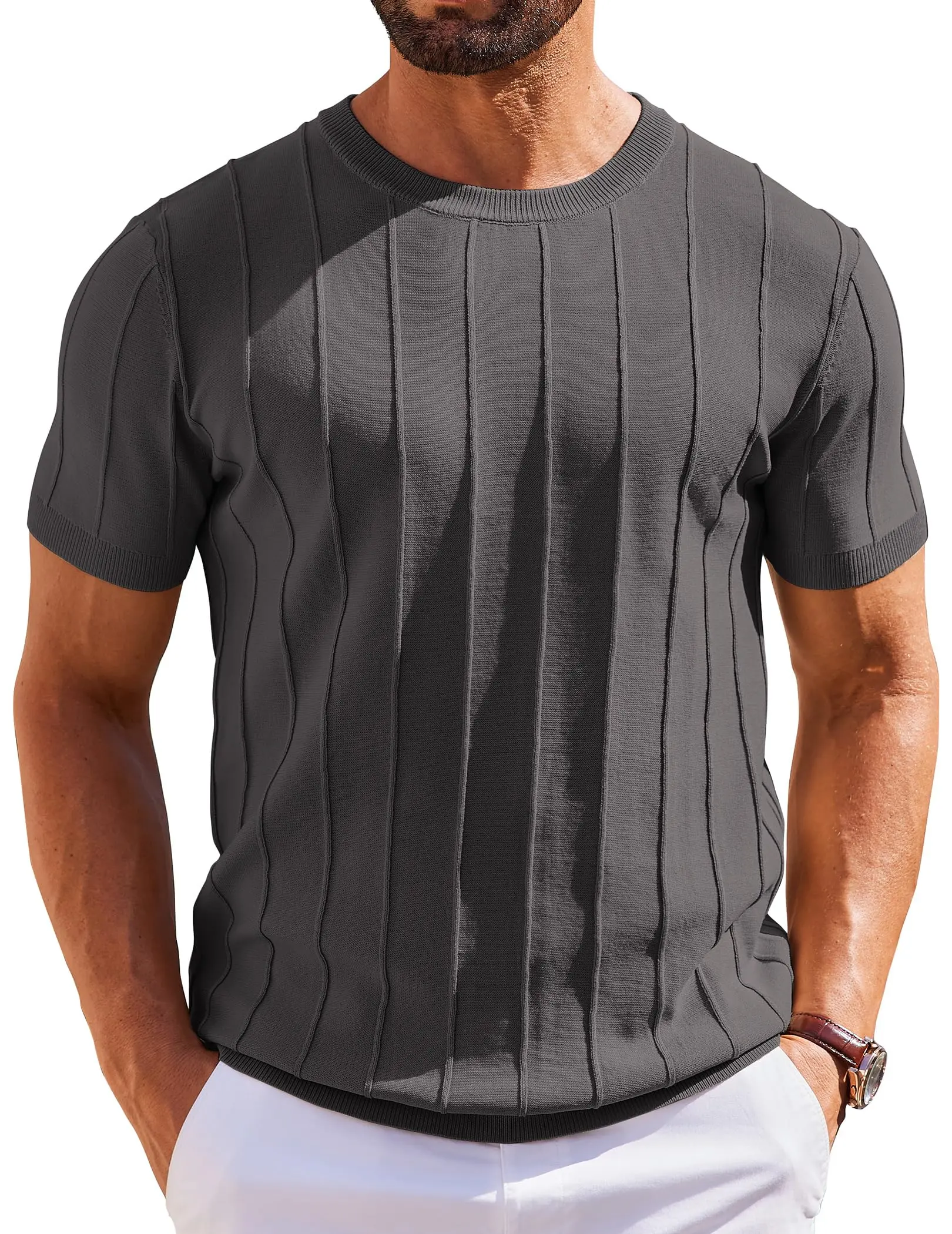 Men’s Ribbed Knit Crewneck T-Shirt – Short Sleeve Casual Sweater Tee