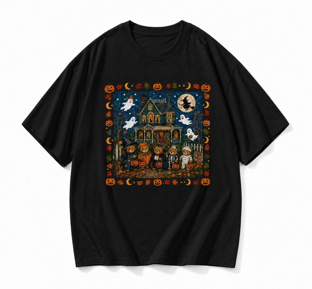 Vintage Halloween Teddy Bear Spooky House Graphic T-Shirt
