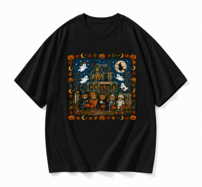 Vintage Halloween Teddy Bear Spooky House Graphic T-Shirt