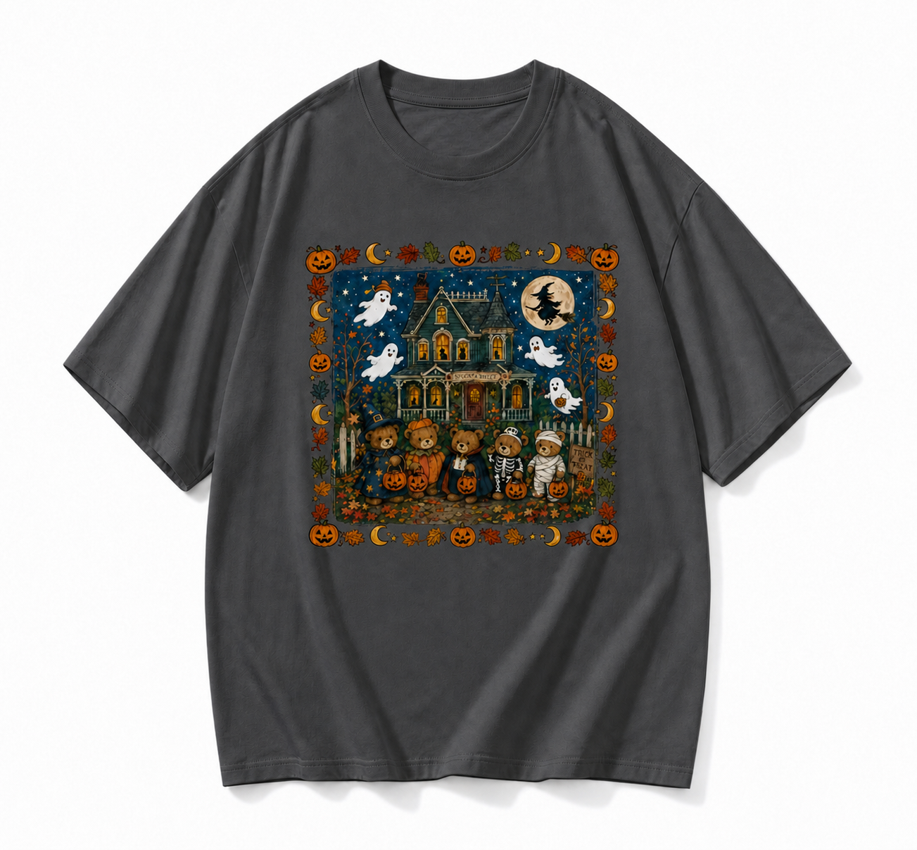 Vintage Halloween Teddy Bear Spooky House Graphic T-Shirt