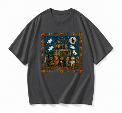 Vintage Halloween Teddy Bear Spooky House Graphic T-Shirt