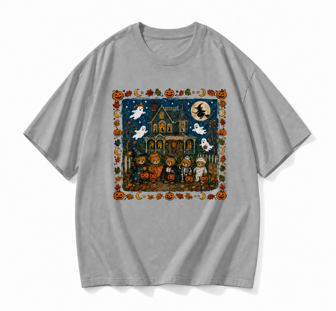 Vintage Halloween Teddy Bear Spooky House Graphic T-Shirt