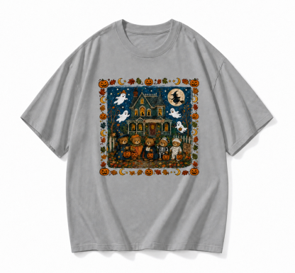Vintage Halloween Teddy Bear Spooky House Graphic T-Shirt