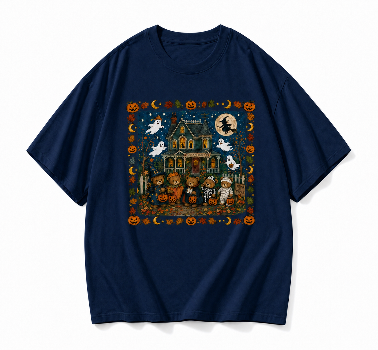 Vintage Halloween Teddy Bear Spooky House Graphic T-Shirt