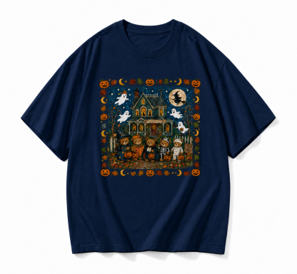 Vintage Halloween Teddy Bear Spooky House Graphic T-Shirt