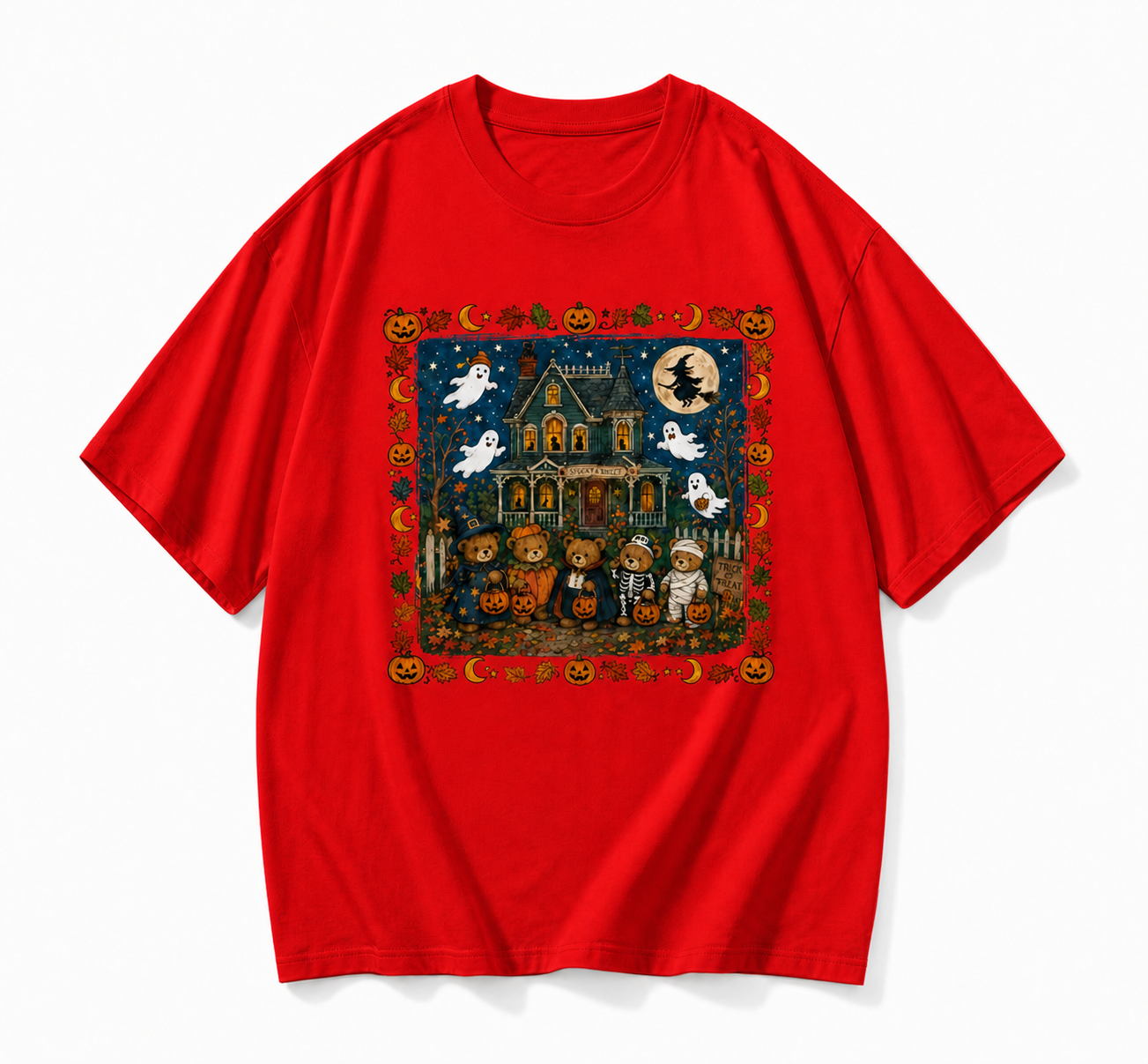 Vintage Halloween Teddy Bear Spooky House Graphic T-Shirt