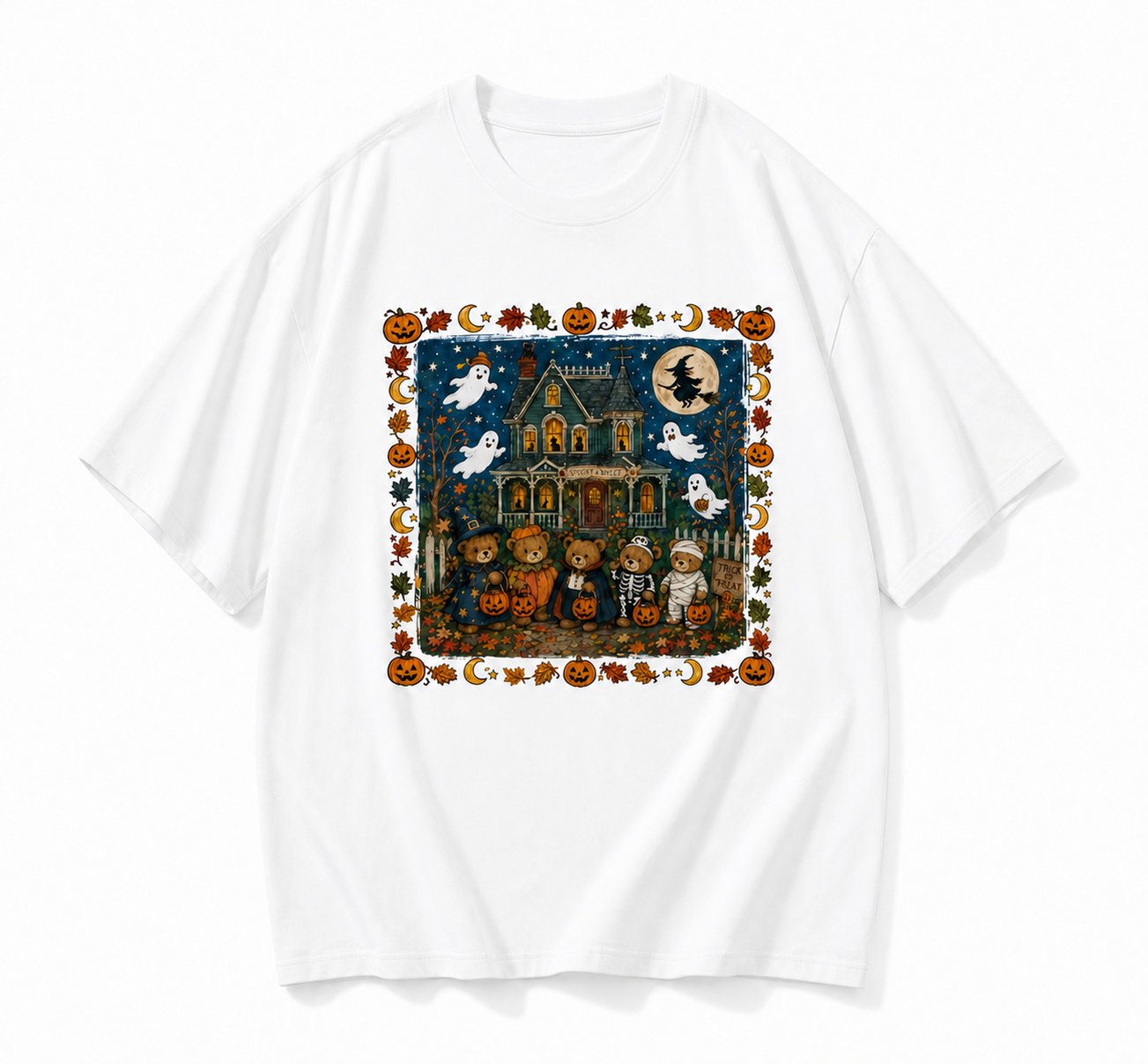 Vintage Halloween Teddy Bear Spooky House Graphic T-Shirt