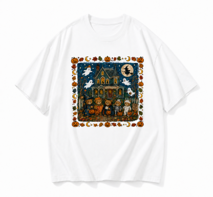 Vintage Halloween Teddy Bear Spooky House Graphic T-Shirt