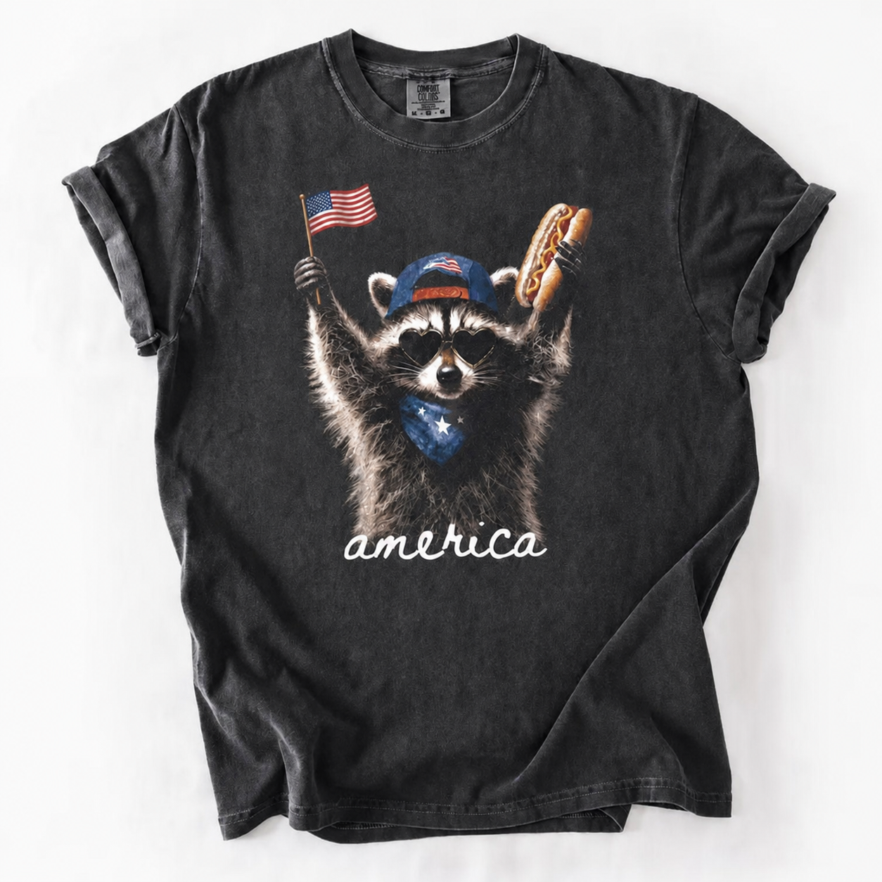 Patriotic Raccoon Graphic Tee - America Flag & Hot Dog Design
