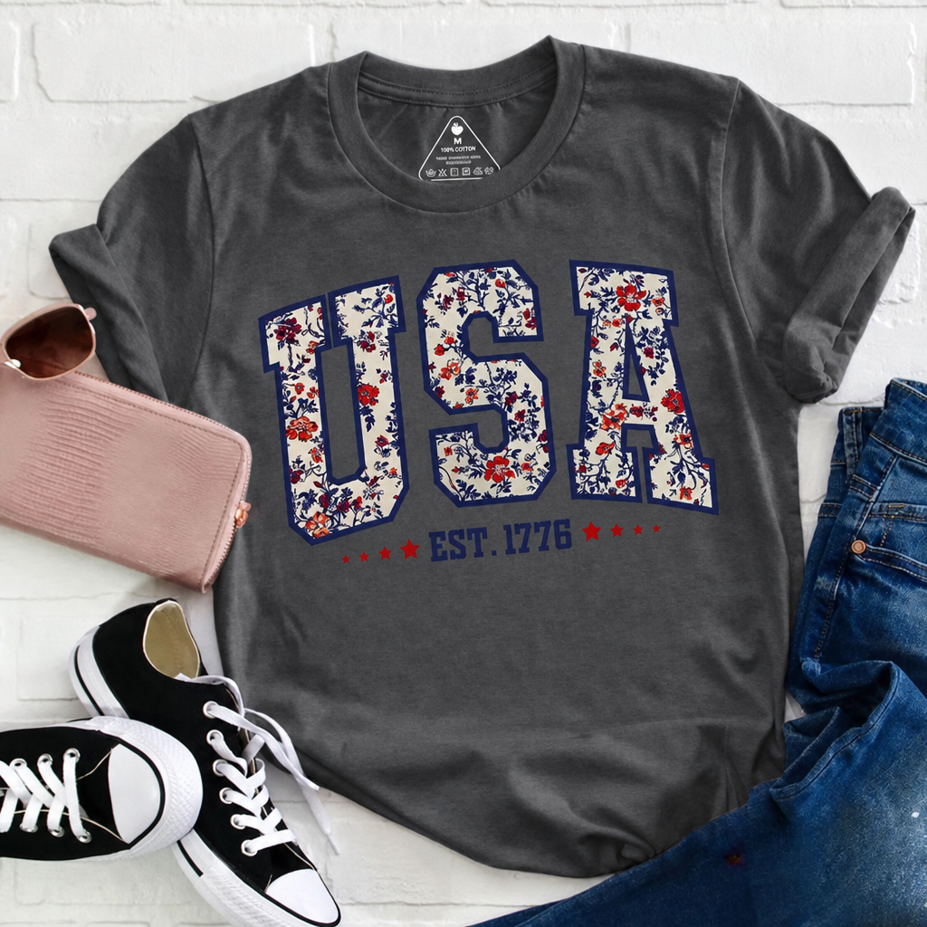 Retro Floral USA EST. 1776 Teacher T-Shirt - Patriotic Varsity Aesthetic Graphic Tee