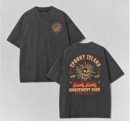 Retro Spooky Island Amusement Park Skull Sun Graphic Tee