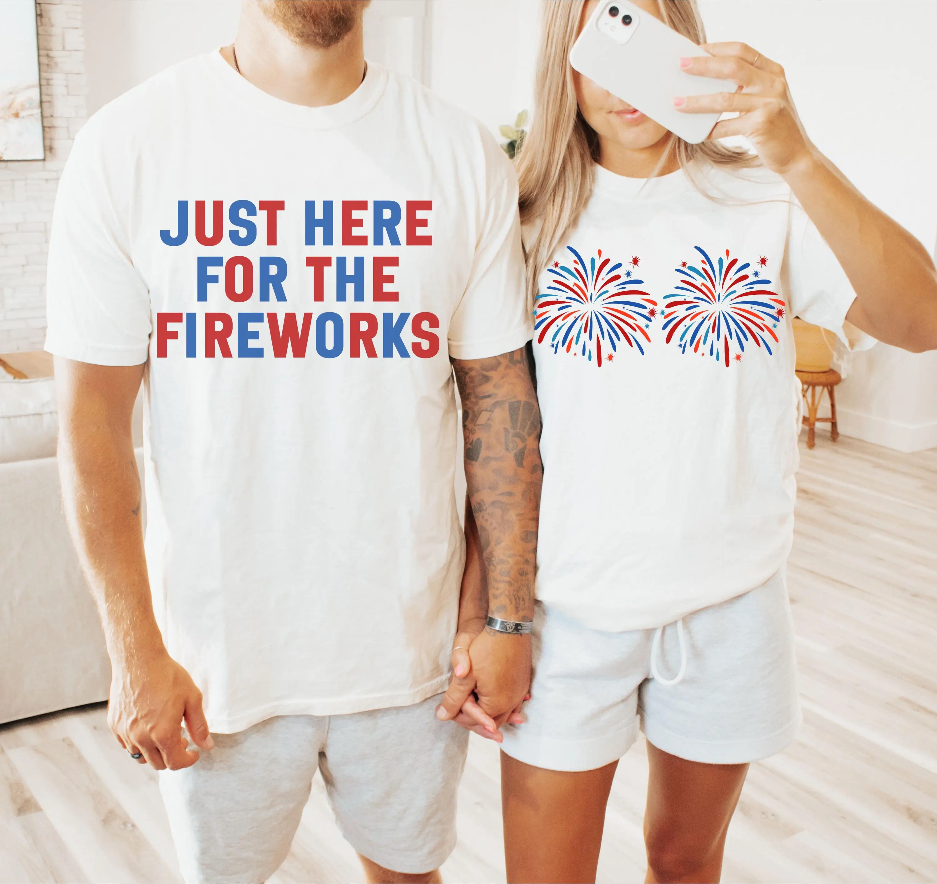 Just Here For The Fireworks" Funny Matching Couples 4th of July Tees