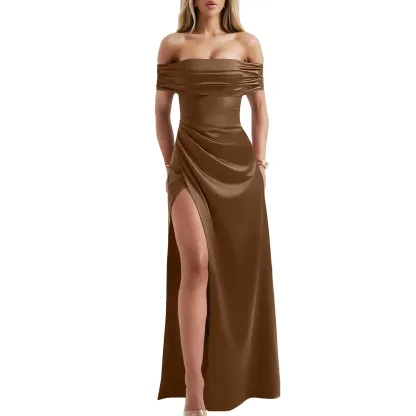 Elegant Off-Shoulder High Slit Maxi Dress – Bodycon Evening & Wedding Guest Dress