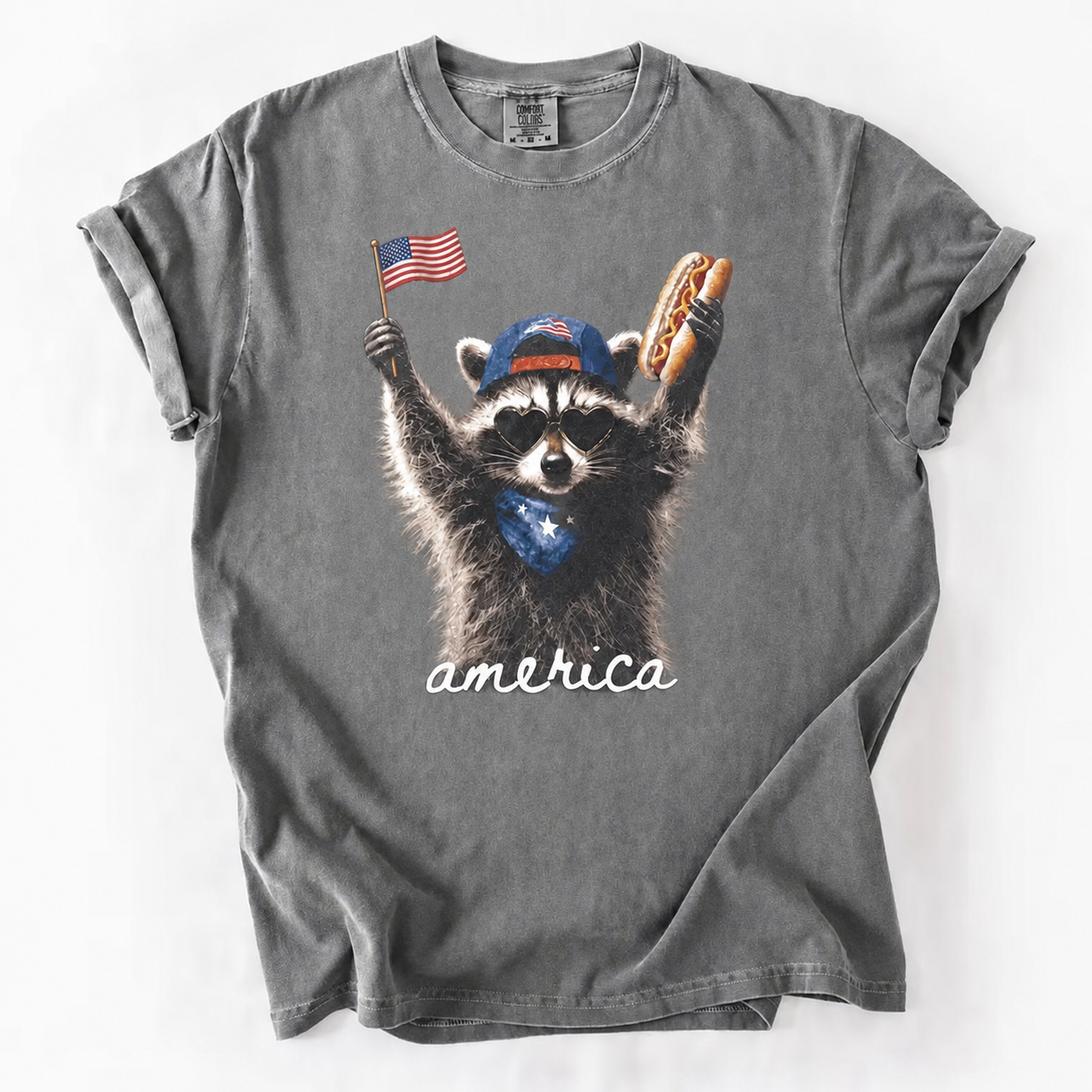Patriotic Raccoon Graphic Tee - America Flag & Hot Dog Design
