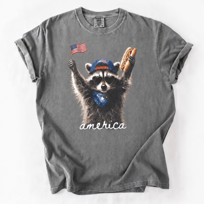Patriotic Raccoon Graphic Tee - America Flag & Hot Dog Design