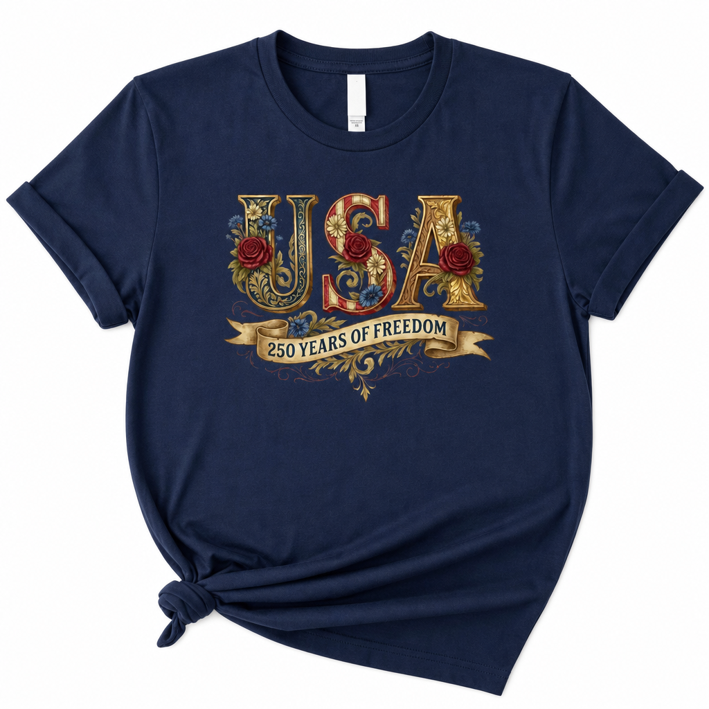 USA 250 Years of Freedom T-Shirt | Vintage Patriotic Floral Tee