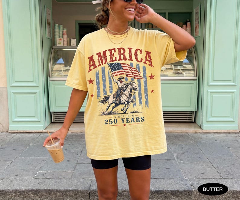Vintage America 250 Years Patriotic T-Shirt - 4th of July Western Cowboy Graphic Tee