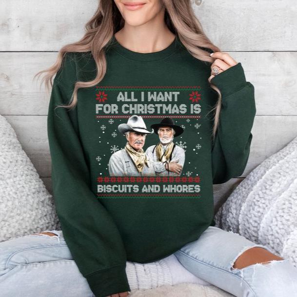 Western Movie “Biscuits And Whores” Ugly Christmas Sweatshirt - Humorous Festive Apparel