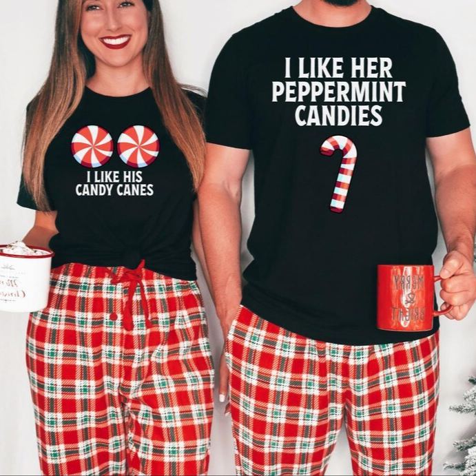 I like his candy cane shirt, I like her peppermint candies, Matching Christmas Couple Sweatshirt