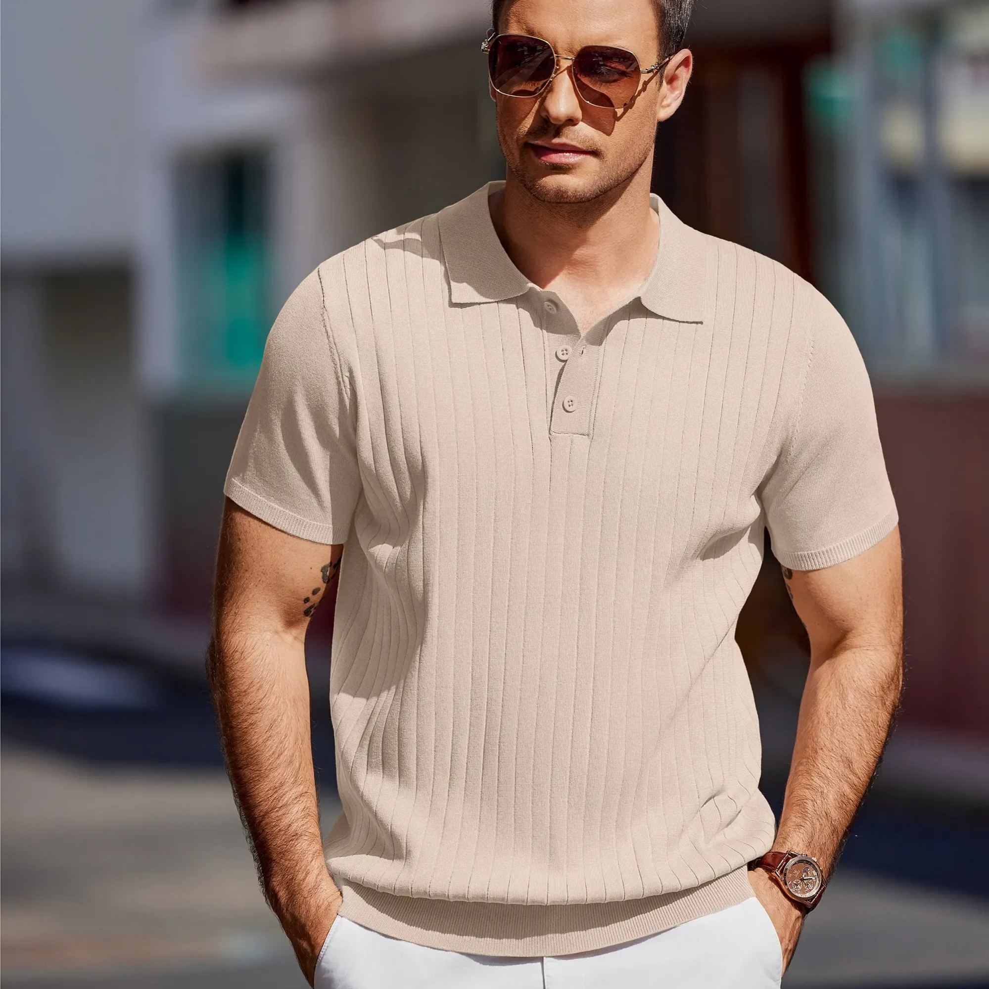 Men’s Ribbed Knit Polo Shirt – Short Sleeve Lightweight Casual Golf Top