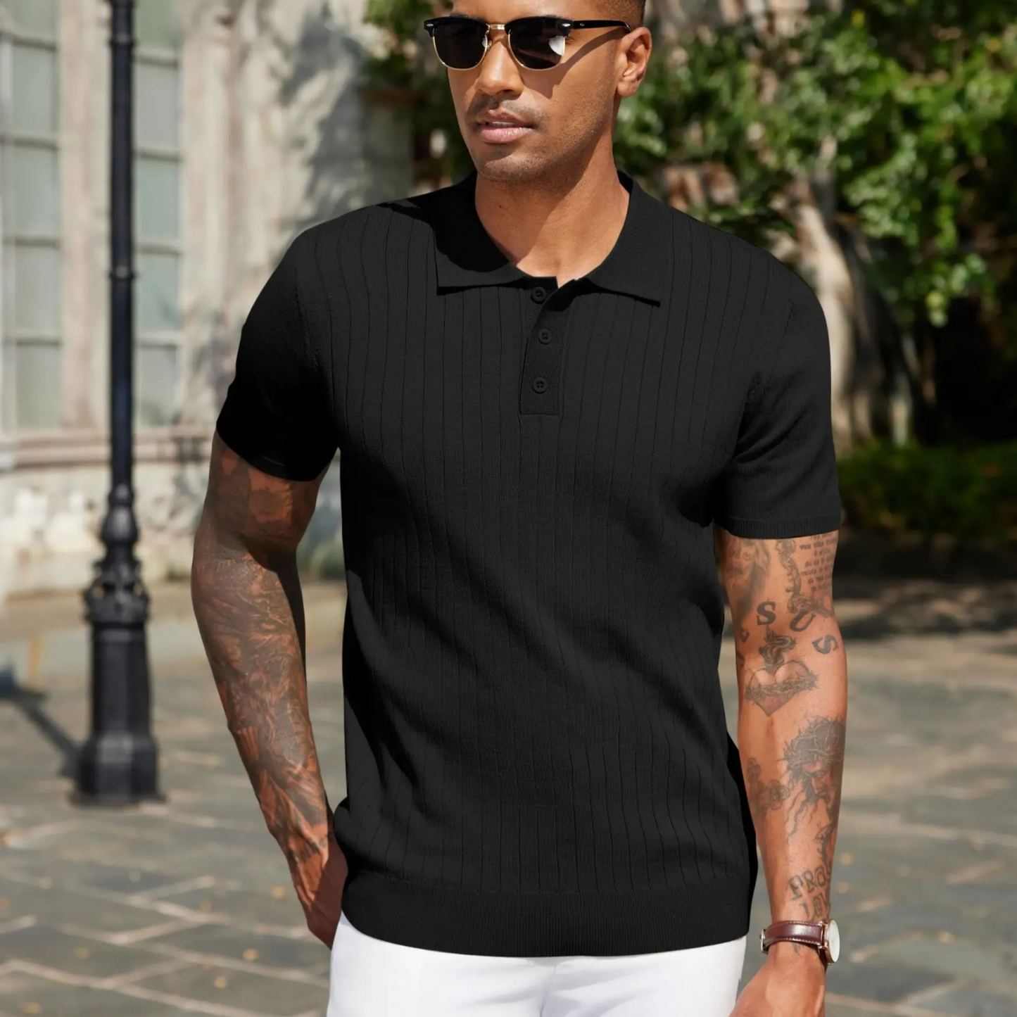 Men’s Ribbed Knit Polo Shirt – Short Sleeve Lightweight Casual Golf Top