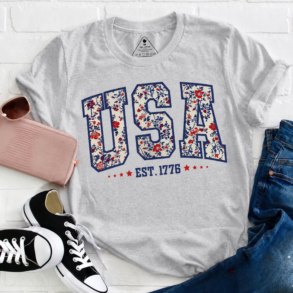 Retro Floral USA EST. 1776 Teacher T-Shirt - Patriotic Varsity Aesthetic Graphic Tee