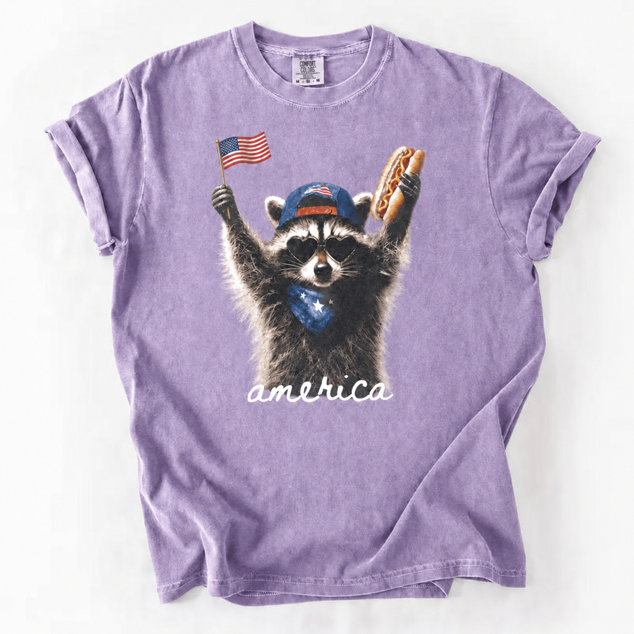 Patriotic Raccoon Graphic Tee - America Flag & Hot Dog Design