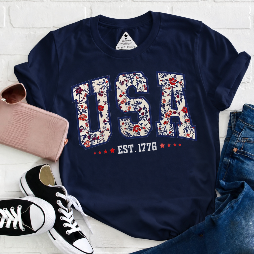 Retro Floral USA EST. 1776 Teacher T-Shirt - Patriotic Varsity Aesthetic Graphic Tee
