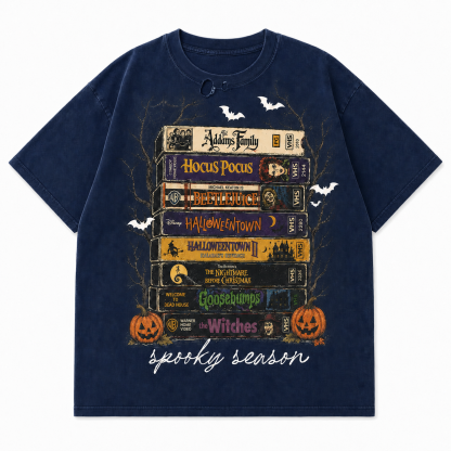 Retro Halloween Spooky Season VHS Stack Graphic Tee
