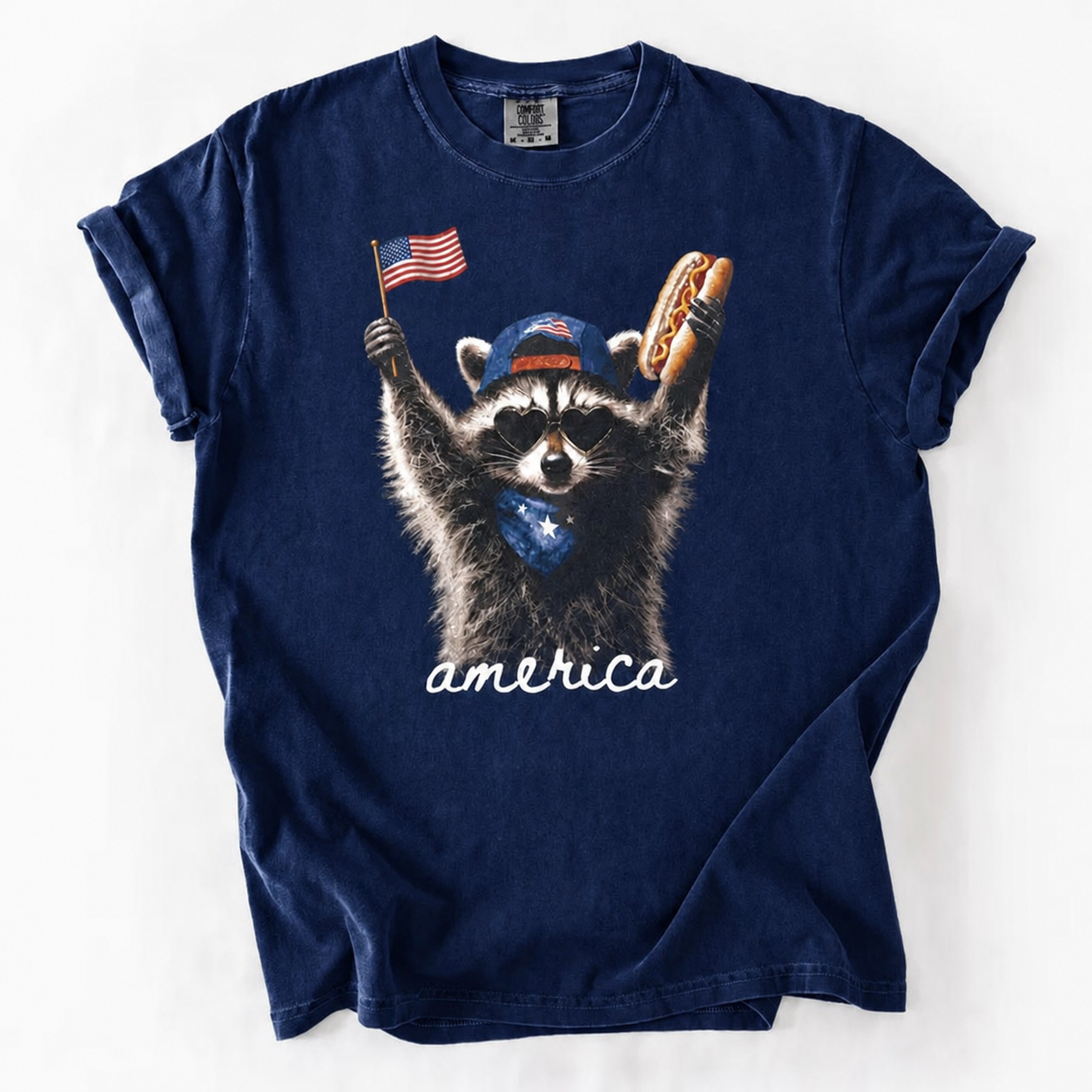 Patriotic Raccoon Graphic Tee - America Flag & Hot Dog Design