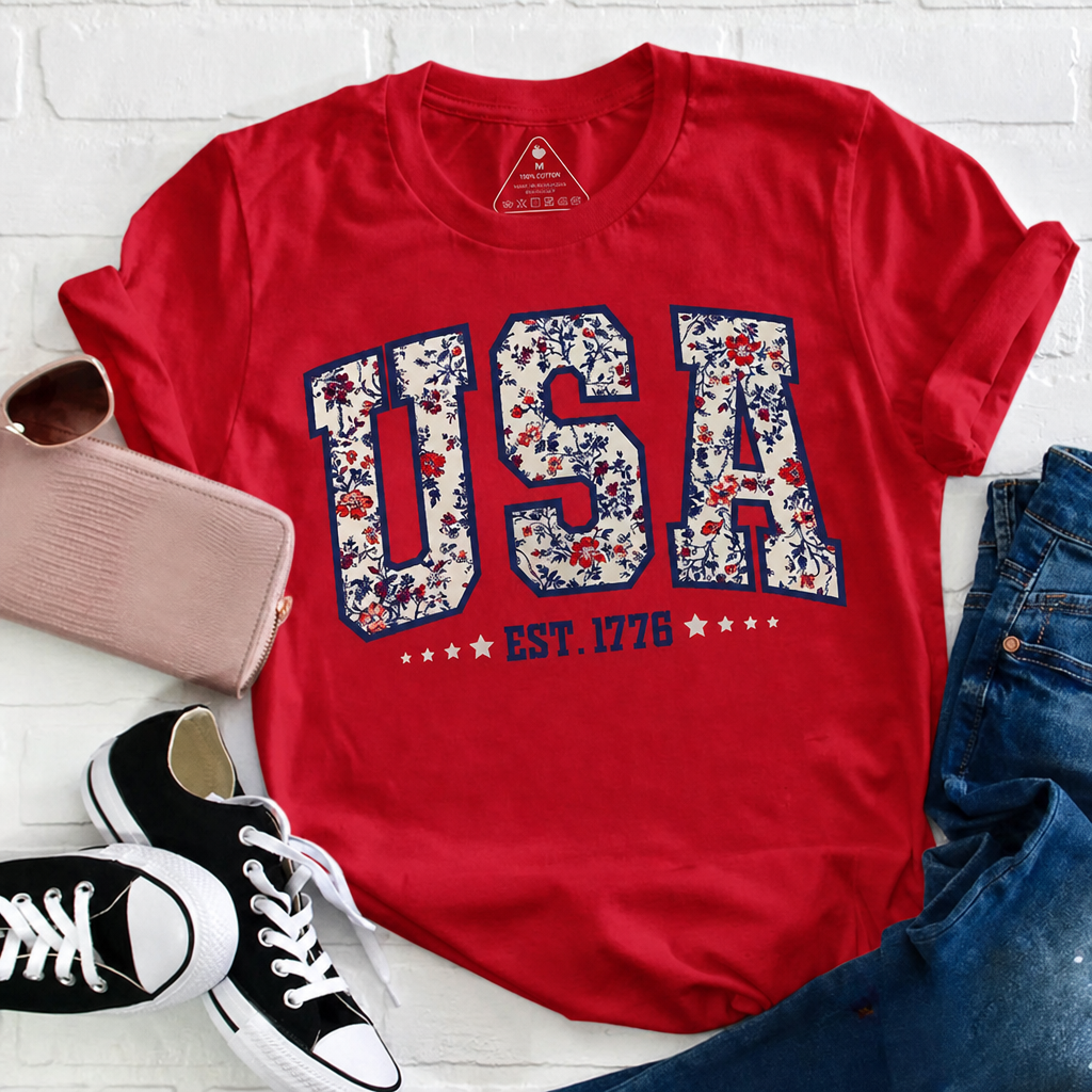 Retro Floral USA EST. 1776 Teacher T-Shirt - Patriotic Varsity Aesthetic Graphic Tee