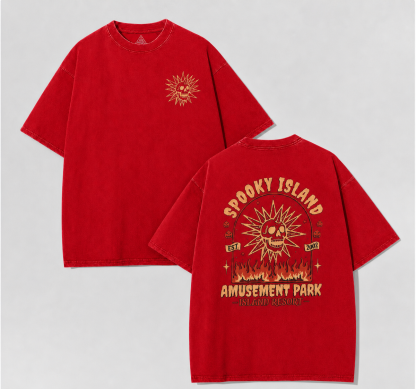 Retro Spooky Island Amusement Park Skull Sun Graphic Tee