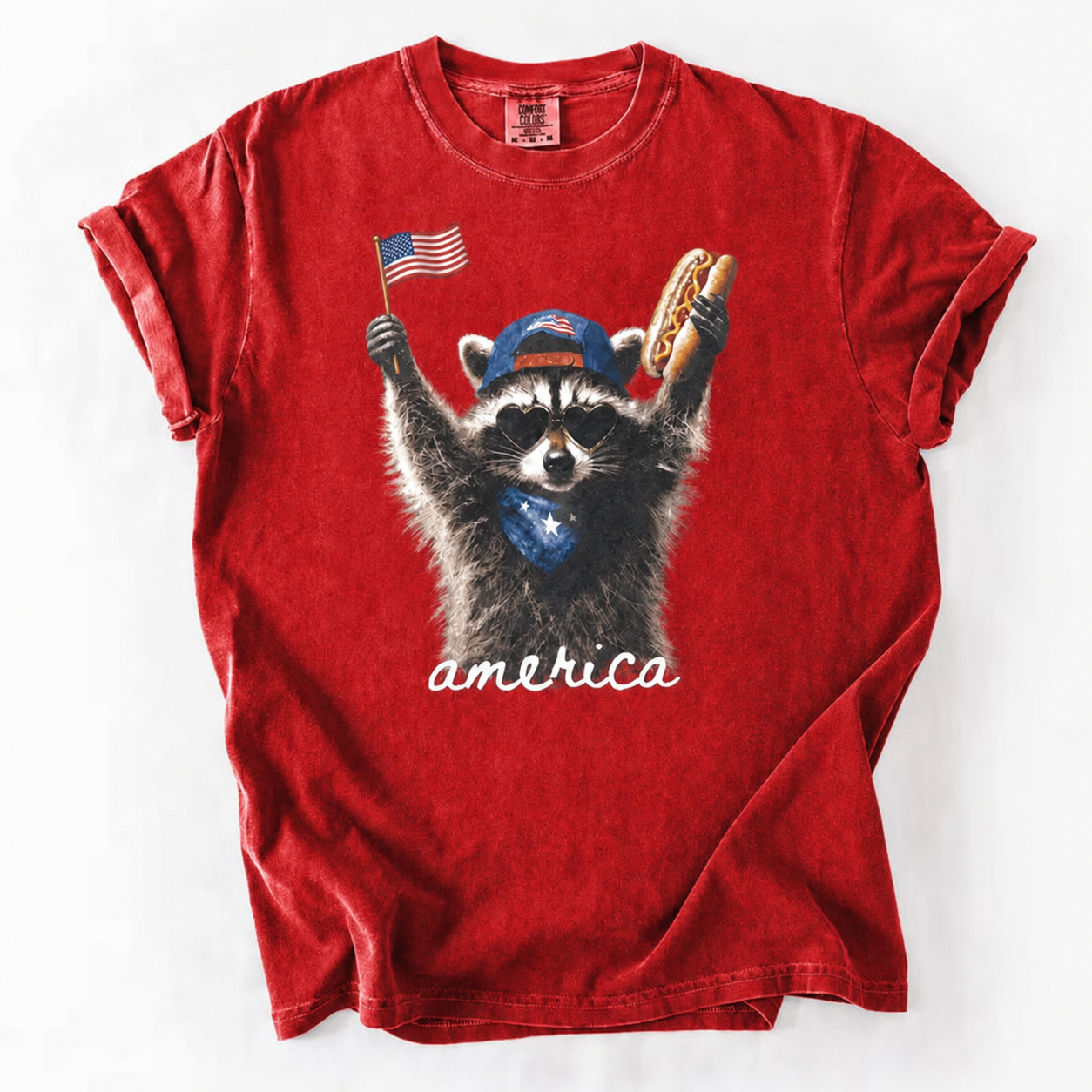 Patriotic Raccoon Graphic Tee - America Flag & Hot Dog Design
