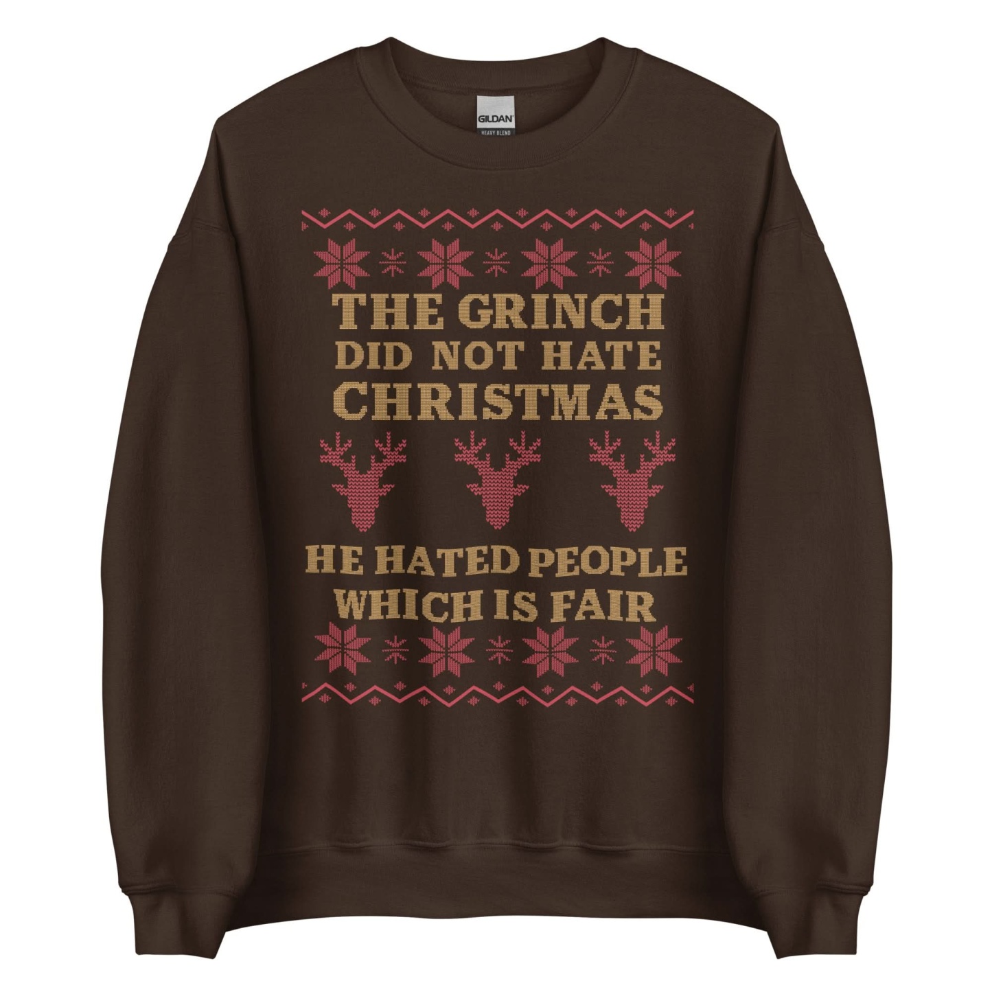 Grinch Dark Humor Christmas Sweatshirt - “He Hated People Which Is Fair” Ugly Sweater Style Apparel
