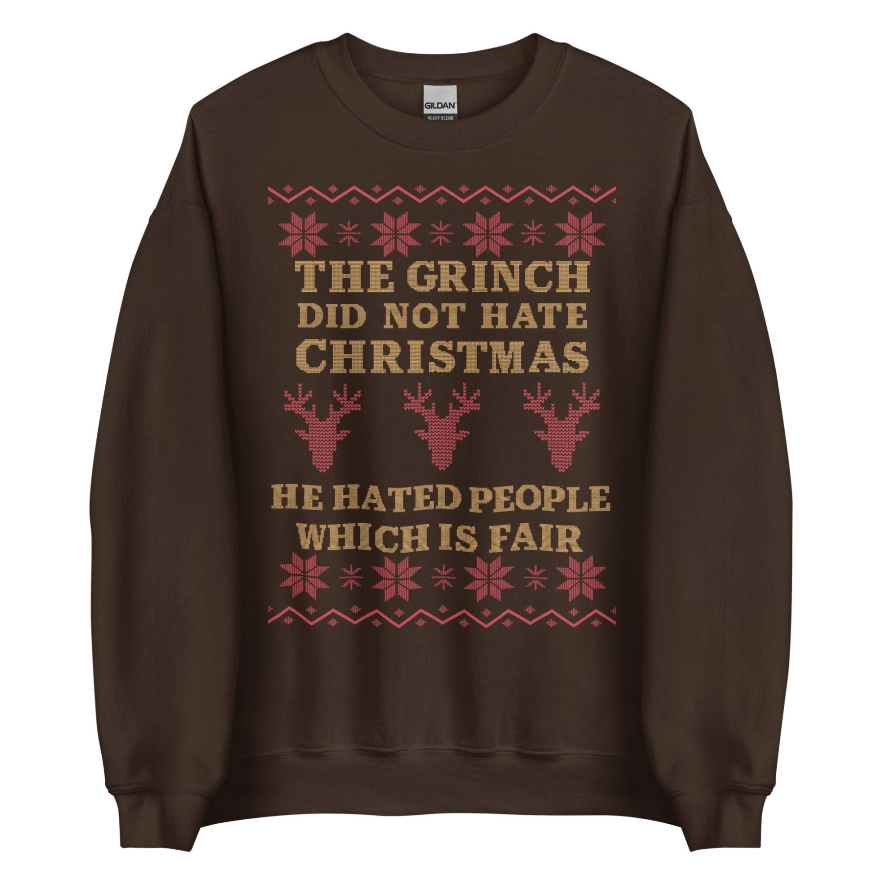 Grinch Dark Humor Christmas Sweatshirt - “He Hated People Which Is Fair” Ugly Sweater Style Apparel