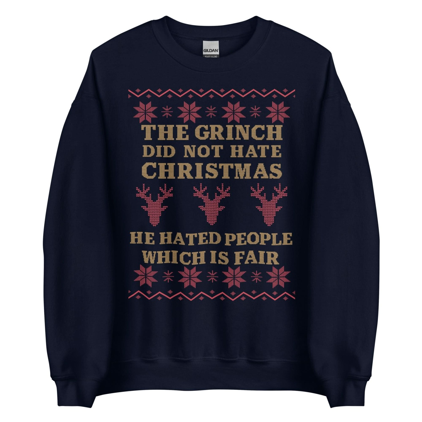 Grinch Dark Humor Christmas Sweatshirt - “He Hated People Which Is Fair” Ugly Sweater Style Apparel