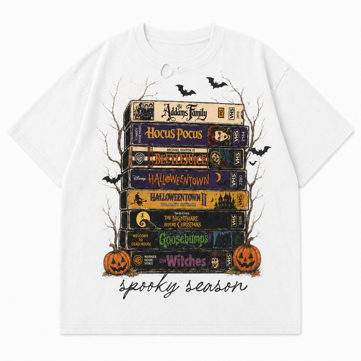 Retro Halloween Spooky Season VHS Stack Graphic Tee