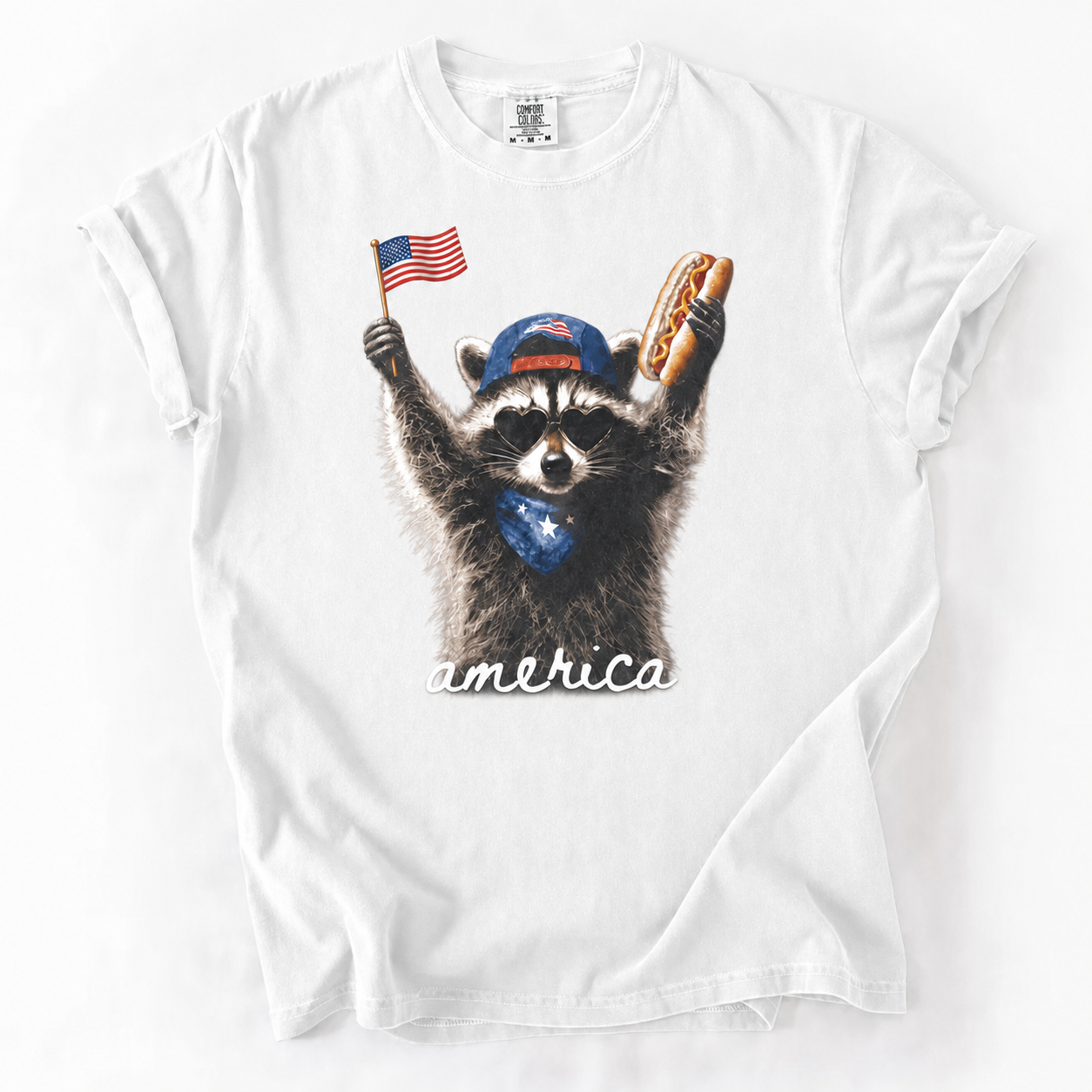 Patriotic Raccoon Graphic Tee - America Flag & Hot Dog Design