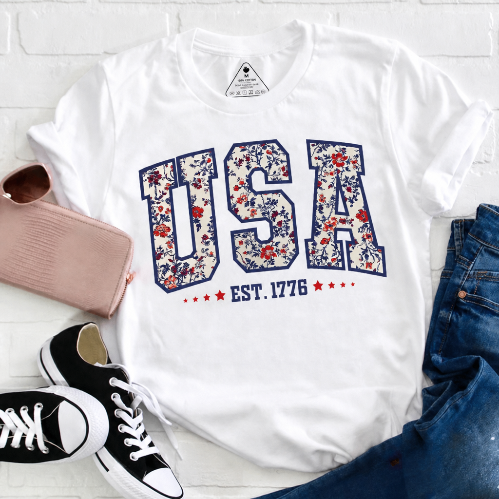 Retro Floral USA EST. 1776 Teacher T-Shirt - Patriotic Varsity Aesthetic Graphic Tee
