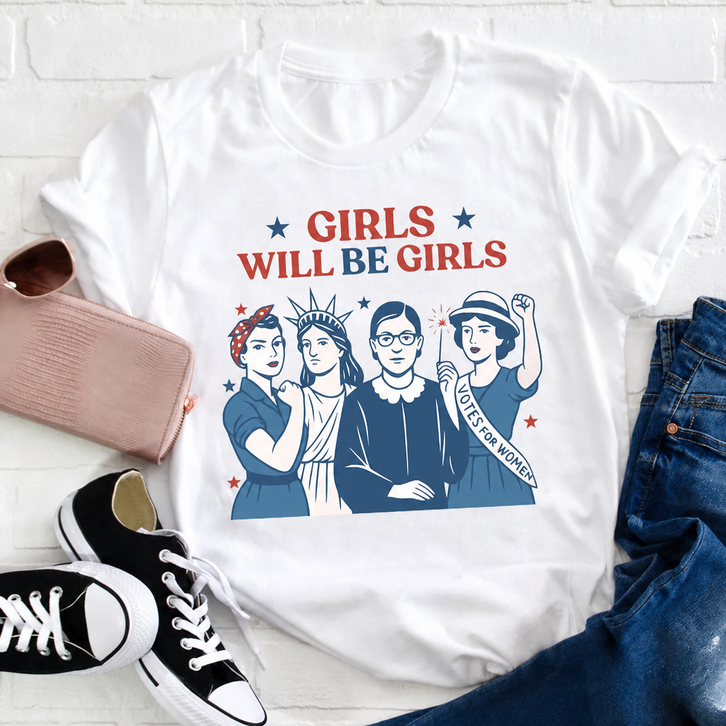 Girls Will Be Girls 4th Of July Teacher T-Shirt - Empowering Patriotic Women's History Graphic Tee
