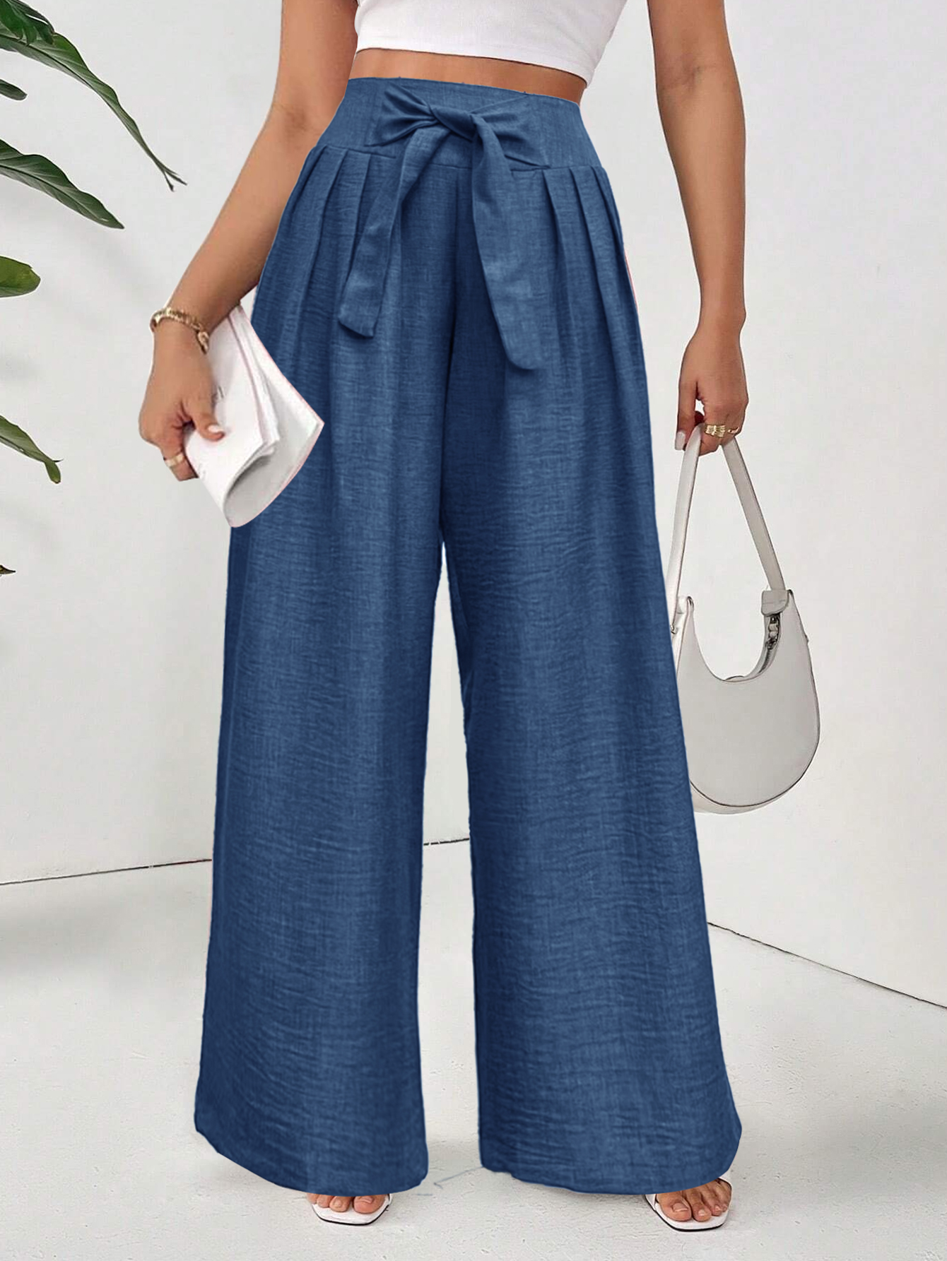 Elegant High-Waisted Blue Linen Wide-Leg Pants with Belted Waist