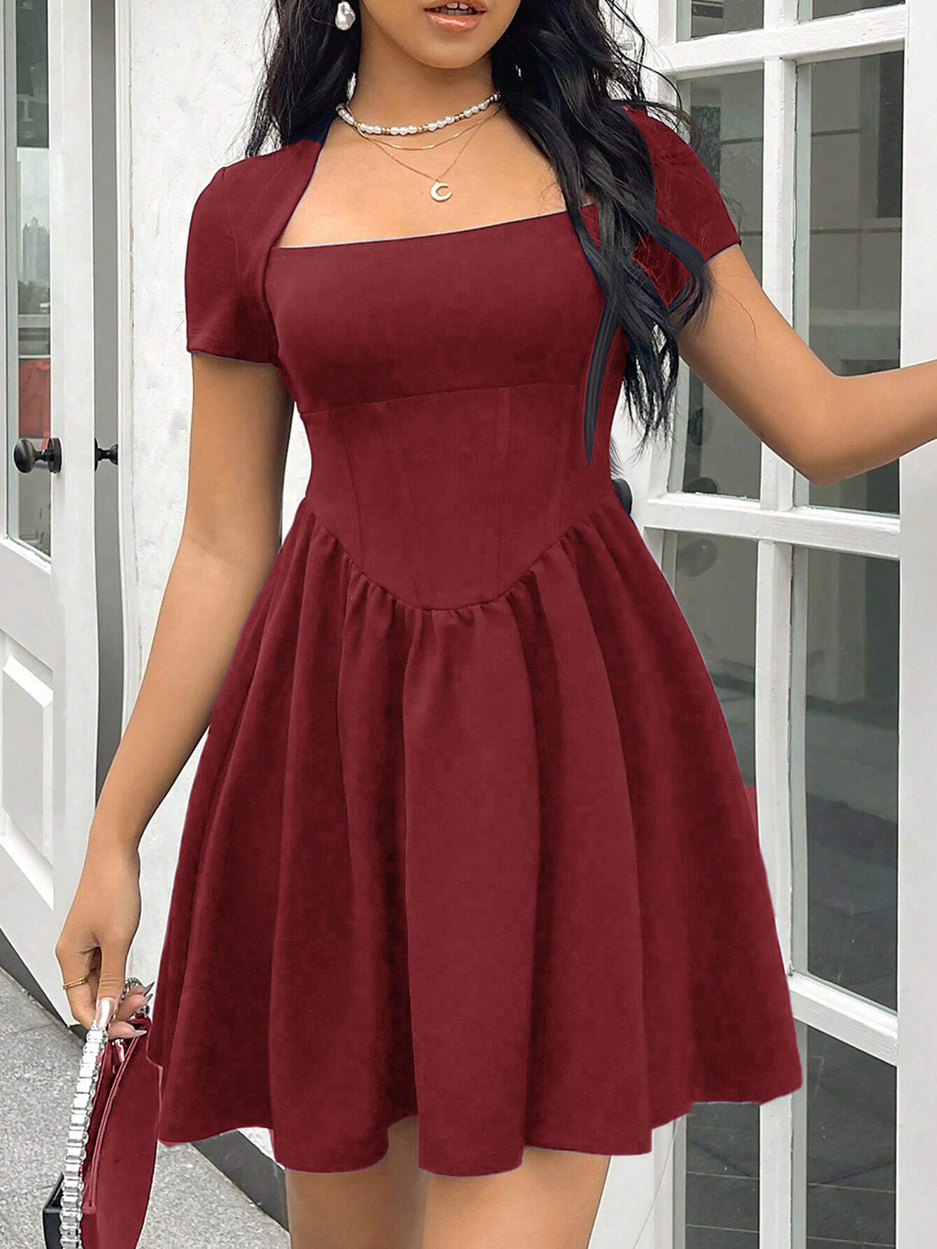 Chic Burgundy Cut-Out Back Short Sleeve Dress with Ruffled Hem