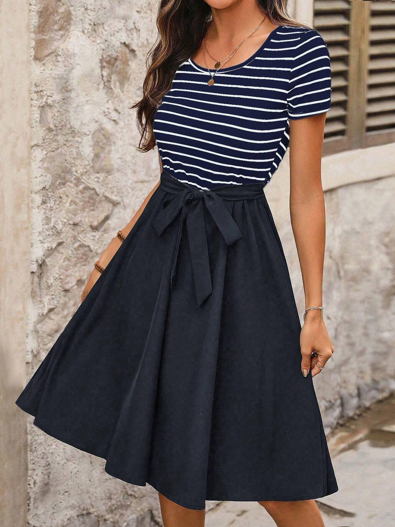 Nautical Navy and White Striped Short Sleeve Dress with Belted Waist