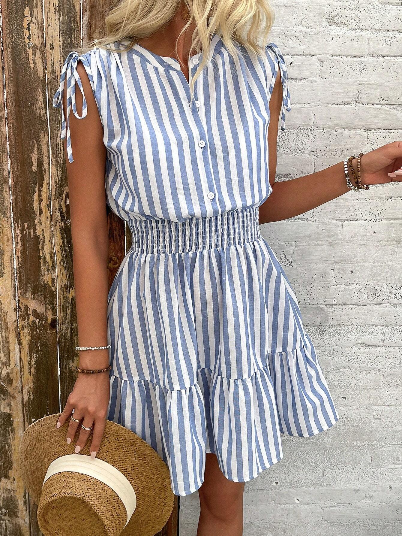 Summer Blue & White Striped Shoulder Ruffle Bow Tie Cinched Waist Cotton Dress