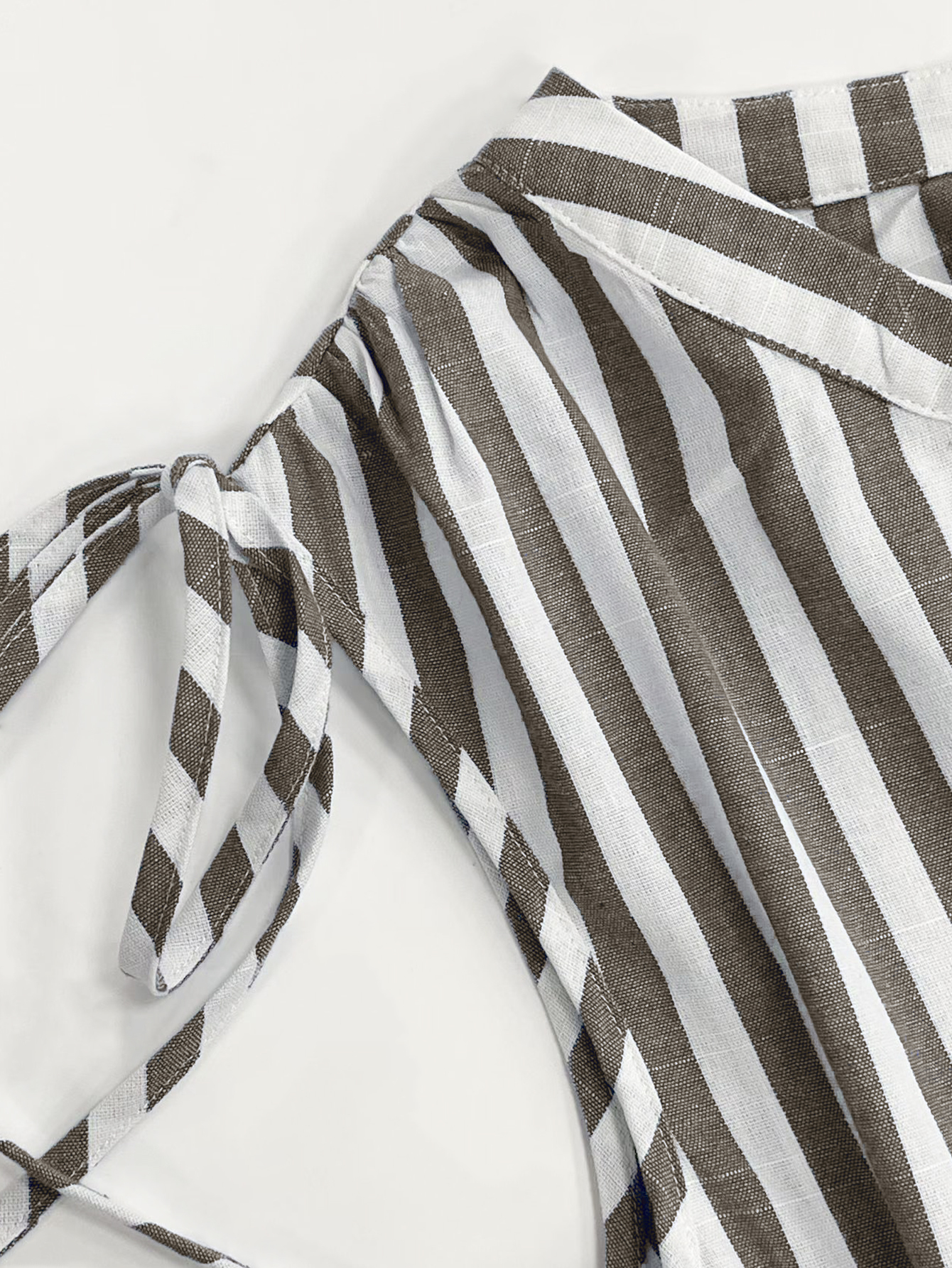 Summer Blue & White Striped Shoulder Ruffle Bow Tie Cinched Waist Cotton Dress